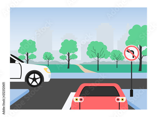 A red car is stopped at a T-junction, with a white car visible on the intersecting road. Traffic illustrations. Flat vector concepts.