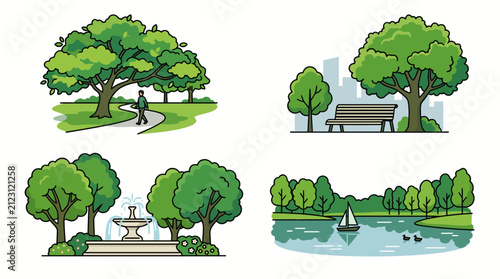 Set of hand drawn public park landscape scenes.