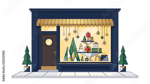 Christmas Storefront Window Display with Gifts and Trees