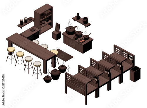 Isometric 3D Vector Illustration of a Japanese Ramen Shop and Izakaya Interior