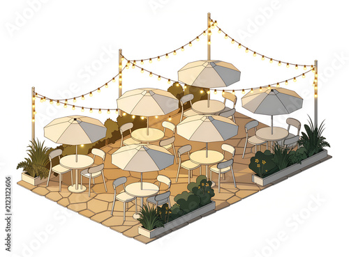 Isometric Outdoor Restaurant Terrace with Tables, Umbrellas, Plants and String Lights
