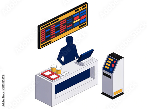 Isometric 3D Fast Food Restaurant Counter with Self-Order Kiosk, Menu Board and Staff Silhouette — Modern QSR Vector Illustration