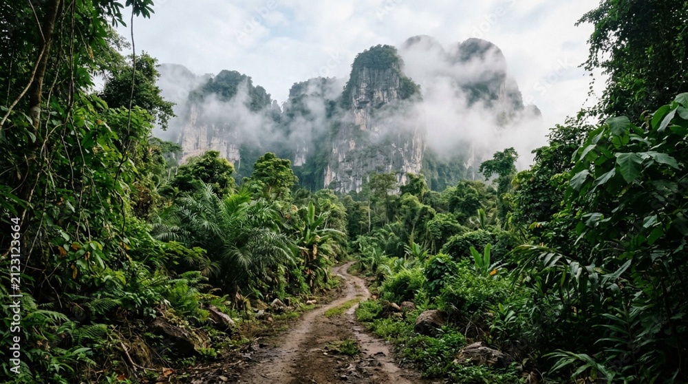 Obraz premium Dirt path winding through dense tropical foliage toward towering grey limestone karst cliffs half-hidden in misty clouds, lush jungle adventure scenery