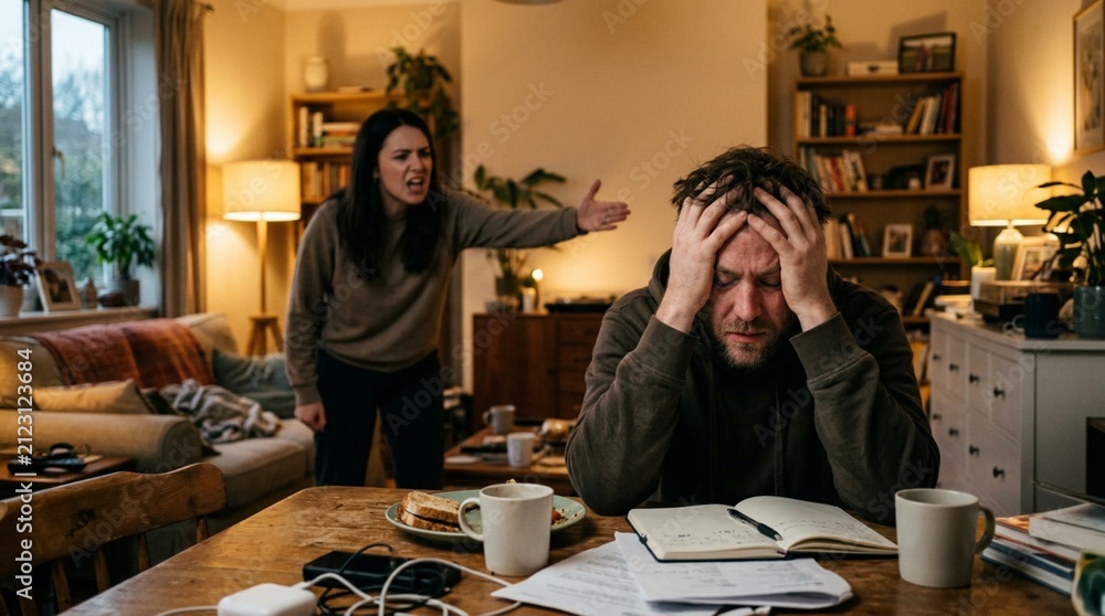 Fototapeta premium Frustrated overwhelmed man holding head during heated argument with yelling woman in warm-lit home interior with dining table and open books