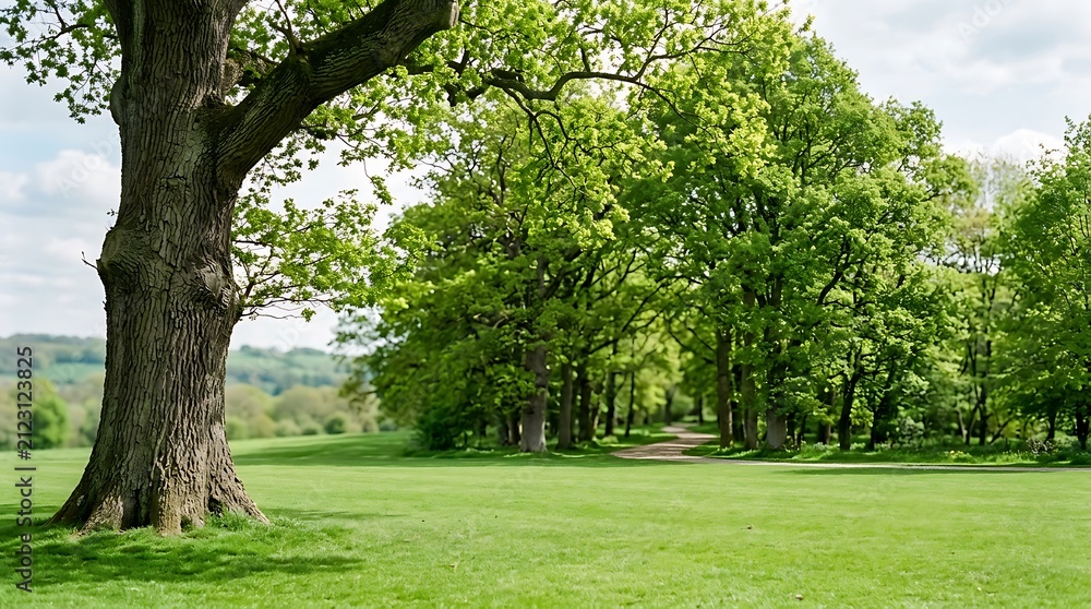 Obraz premium Large old oak tree with textured bark standing on a lush green grassy field in a park with a row of trees in the background, under a bright sky