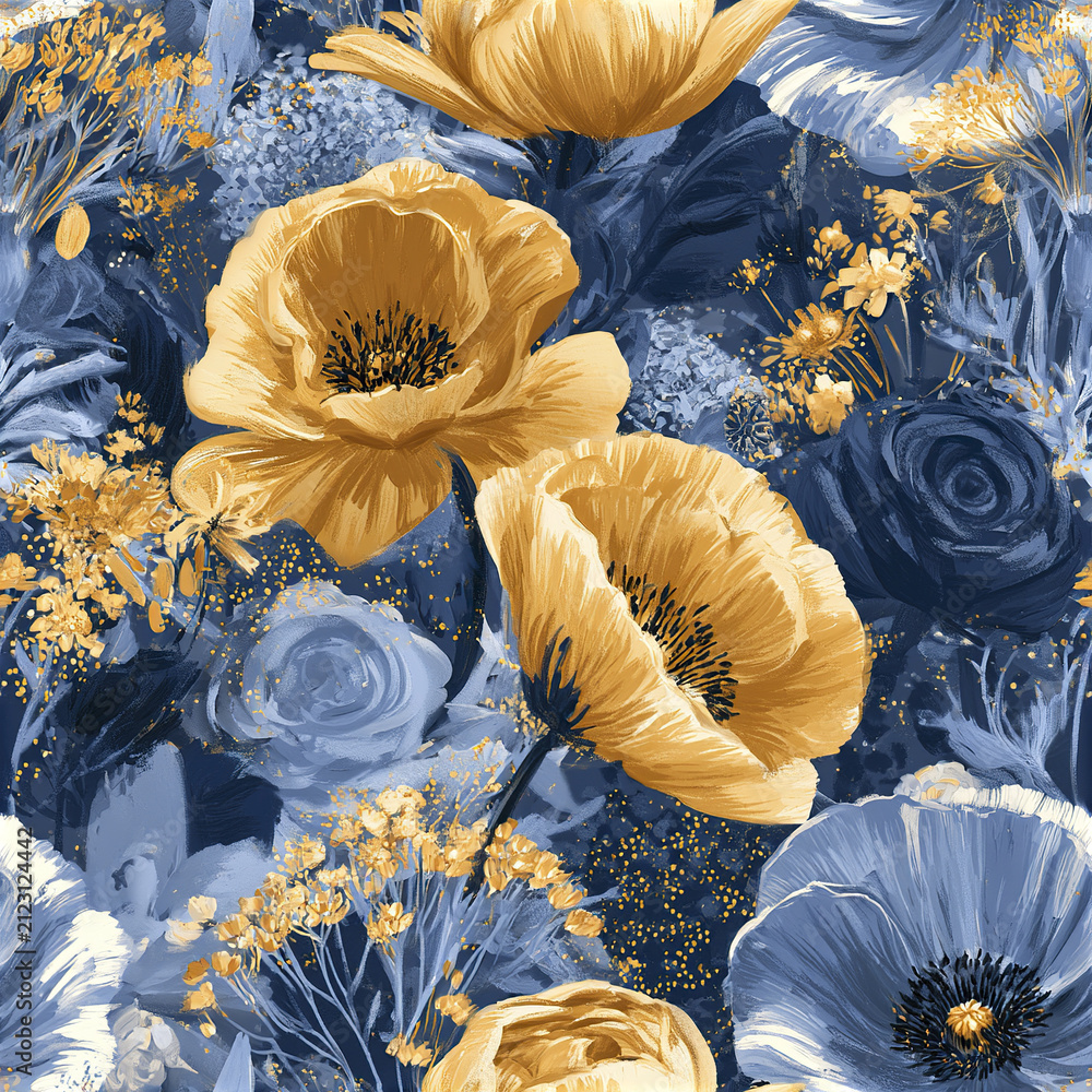 Obraz premium Golden and blue floral seamless pattern with large stylized poppies and roses creating modern botanical design