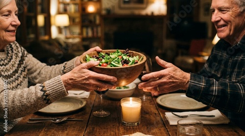 Senior couple sharing dinner at candlelit wooden table, woman passing wooden bowl of mixed green salad to smiling partner in warm cozy home interior with fireplace glow
