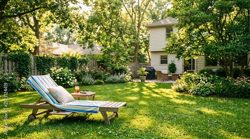 Sunlit suburban backyard with green lawn, dappled golden sunlight through trees, wooden lounge chair with striped cushion, iced drink, garden flowers and cozy house on warm summer afternoon