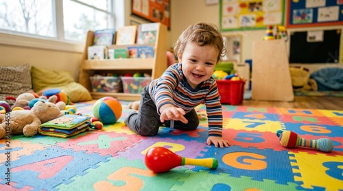 Smiling toddler crawling on colorful foam puzzle mat in bright daycare playroom with scattered toys, books, and maracas