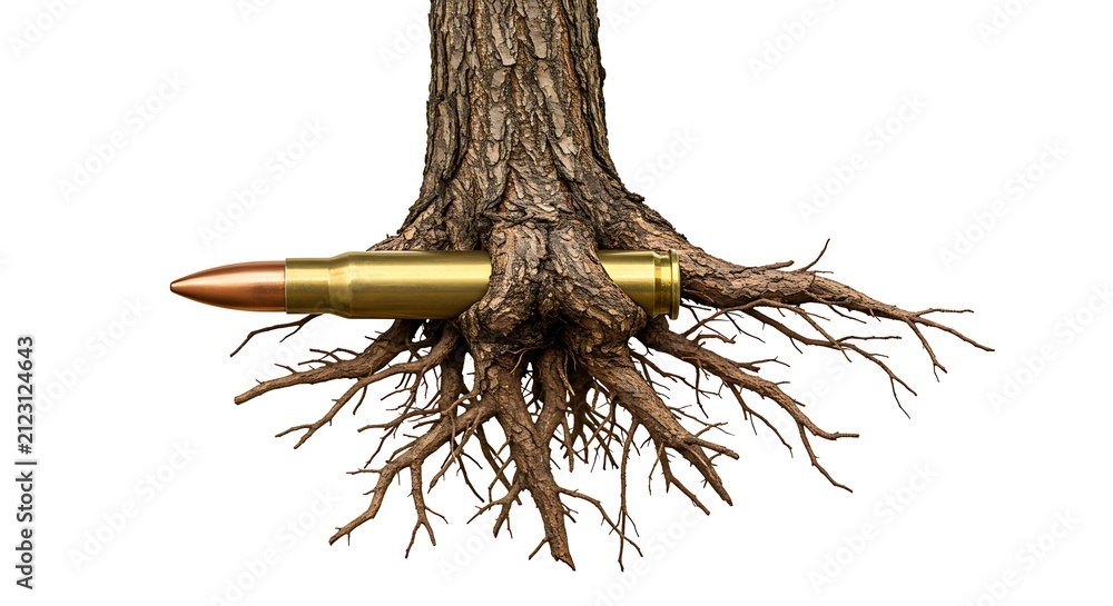 Fototapeta premium Bullet with Tree Roots Embedded in Bark and Soil in Creative Concept