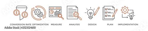 CRO banner web icon vector illustration concept for conversion rate optimization with icon of measure, analysis, design, plan, and implementation