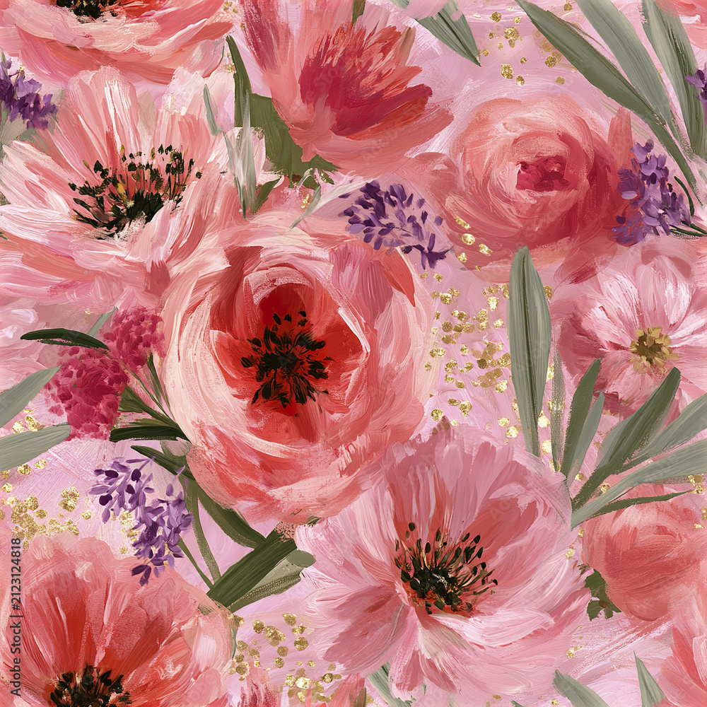 Obraz premium Seamless floral pattern with pink and red flowers, green leaves, and gold accents creating soft, elegant, and artistic design