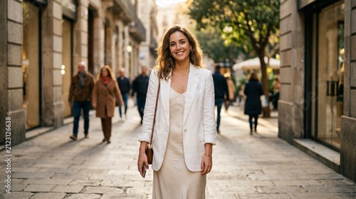 Confident stylish woman in beige slip dress and white blazer smiling on sunlit cobblestone city sidewalk, shallow depth of field portrait