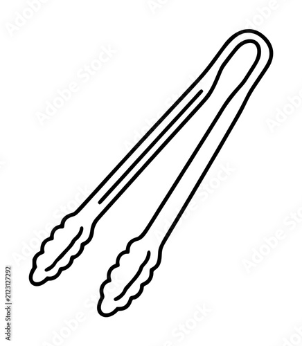 Hand traced black outline vector icon illustration of kitchen tongs with scalloped gripping ends, isolated on white background for culinary and cooking graphic design