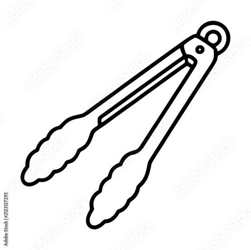 Hand-traced vector icon of kitchen tongs featuring scalloped silicone grip tips and a circular hanging loop hinge, black outline illustration on transparent background for culinary use