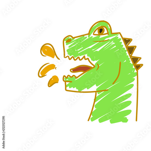 Fotografía A whimsical green cartoon dinosaur with its mouth open, spitting out orange liquid droplets