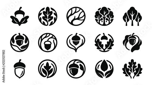 Collection of Oak Leaf and Acorn Icons and Symbols.