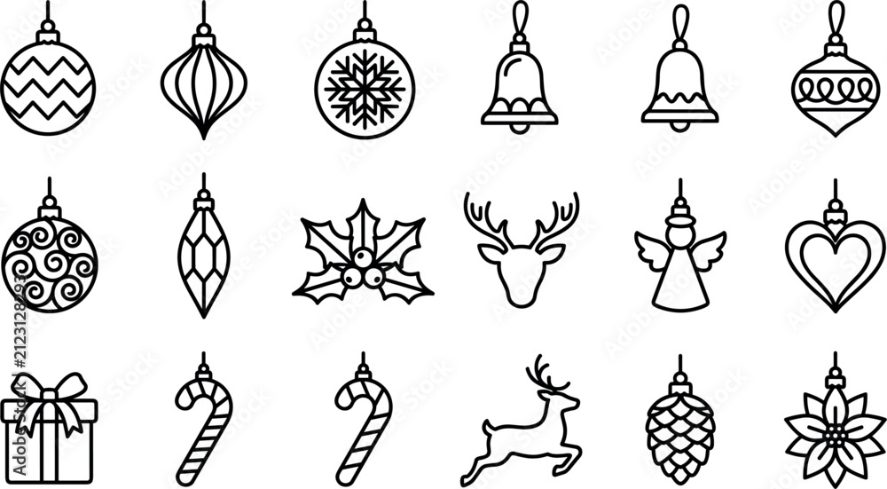 Fototapeta premium Vector black line art Christmas ornament set with baubles bells reindeer angel candy cane and pinecone