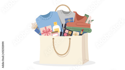 Shopping bag filled with clothes gifts and beauty products