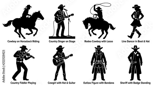 Set of Western Cowboy and Cowgirl Silhouettes.