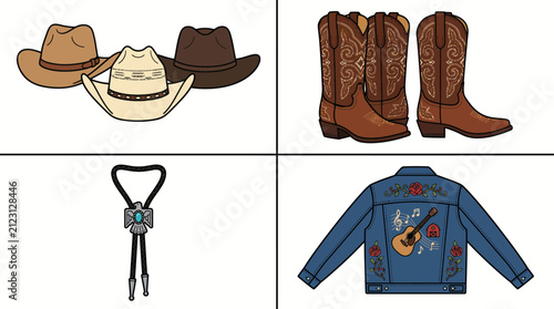 Set of Western Style Fashion Clothing and Accessories Icons.