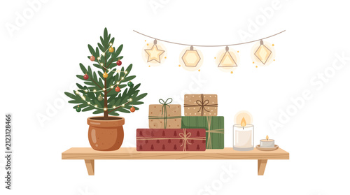 Cozy Christmas Shelf with Potted Tree Gifts and Candles