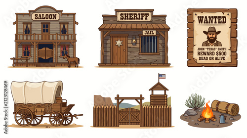 Set of wild west elements including saloon sheriff office wanted poster covered wagon gate and campfire.