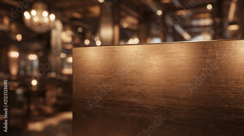 Brushed bronze metal plate mockup with blurred warm restaurant interior background