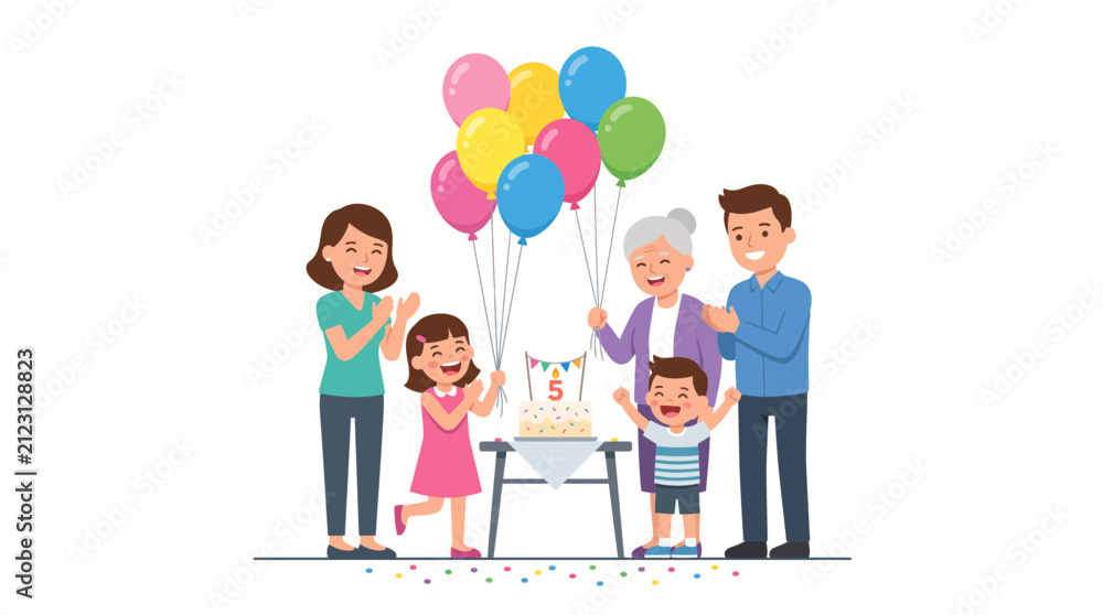 Fototapeta premium Happy Family Celebrates Fifth Birthday with Cake and Balloons