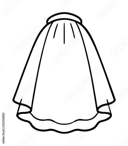 Hand-drawn black outline vector icon illustration of a delicate vintage veil with scalloped ruffled hem, flowing translucent bridal headpiece gathered at crown, minimalist line art accessory symbol