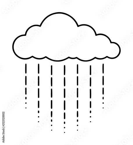 Hand-traced vector icon illustration of a puffy rain cloud releasing dashed droplets falling downward, minimalist black line art symbol for stormy weather, precipitation, and overcast forecasts