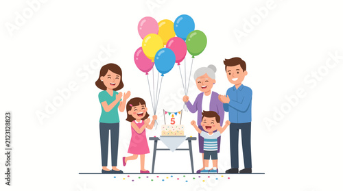 Happy Family Celebrates Fifth Birthday with Cake and Balloons