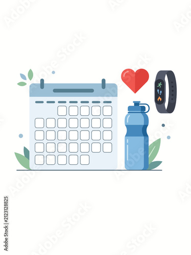 Fitness tracker calendar water bottle and heart symbol for health and wellness planning