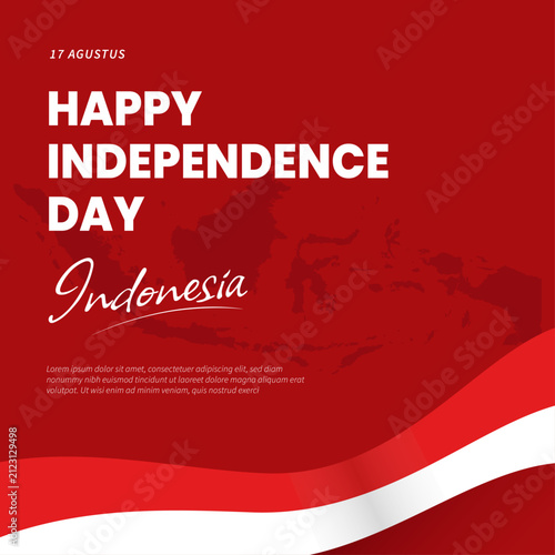 Indonesia Independence Day Social Media Template in Red Background with Flag Wave and Indonesia Map for National Celebration