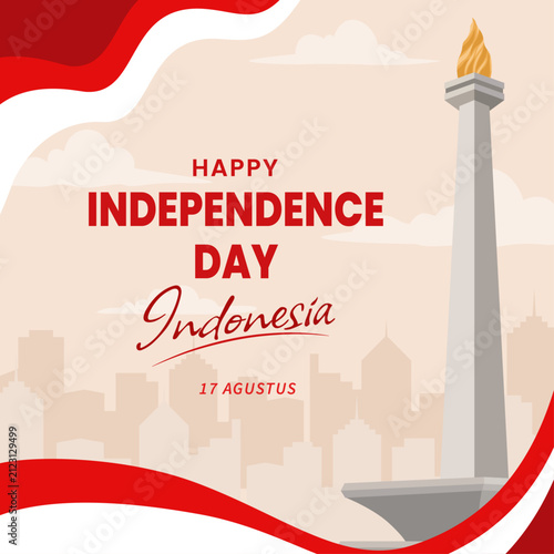 Indonesia Independence Day Social Media Template with National Monument and Flag Ribbon Background for National Celebration