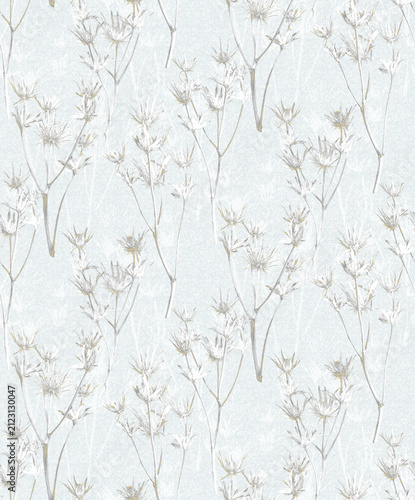 Seamless abstract background, elegant frozen botanical pattern with silver frost thistle and winter flora