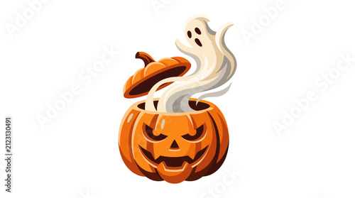 Halloween Pumpkin Ghost Surprise: A jack-o'-lantern with a carved face releases a friendly ghost with smoke billowing out, embodying the spooky spirit of Halloween.