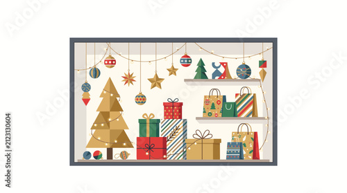 Christmas Window Display with Gifts Ornaments and Tree