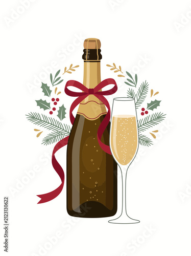 Champagne Bottle and Glass with Festive Holiday Decorations