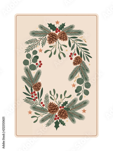 Festive Christmas wreath with pine cones fir branches holly berries and mistletoe