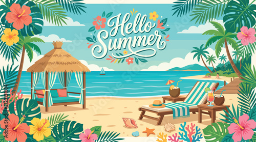 Hello Summer Beach Background with Tropical Bungalow Sun Lounger Hibiscus Flowers and Ocean View