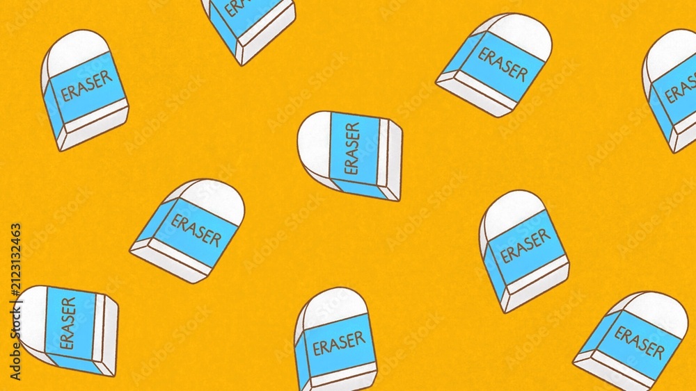 Seamless Pattern of Erasers on Yellow Background, School Supplies, Back to School Concept, Cute Stationery Illustration