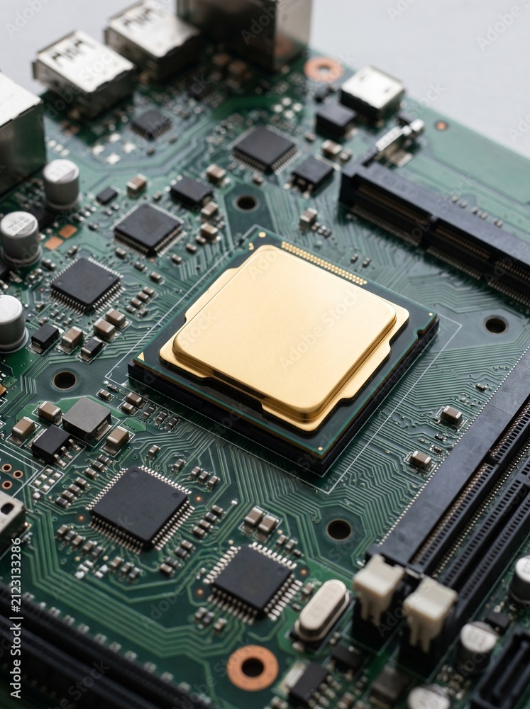 Fototapeta premium Close up of a golden CPU processor on a green computer motherboard with intricate circuits