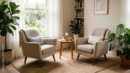 Serene counseling office interior with two empty beige upholstered armchairs facing each other, small wooden side table, potted plants, bookshelf, and natural light