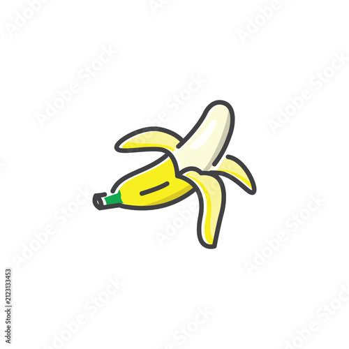 Vector illustration design of a bright yellow peeled banana, suitable as an icon or sticker.