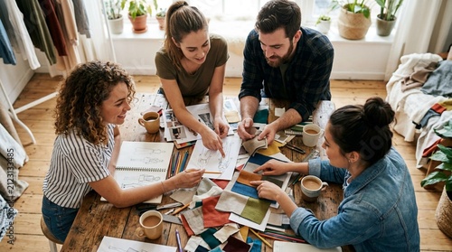 Four young adults gathered around a wooden table covered in sketches, fabric swatches, and color palettes collaborating on creative design project in a sunlit studio interior