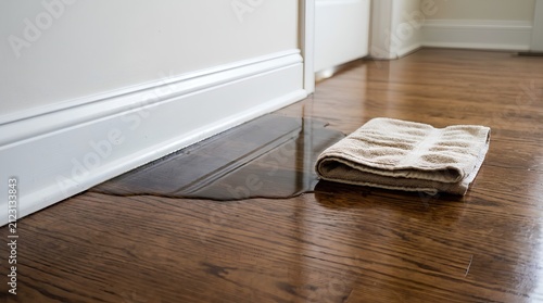 Polished hardwood floor puddle leak meeting white baseboard with folded towel cleanup after water damage spill in residential interior