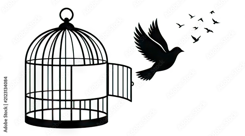 Fototapeta premium Open Birdcage and Flying Bird Symbolizing Freedom and Liberation