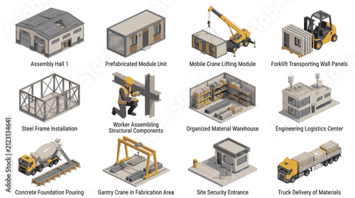 Bild auf Leinwand Isometric illustrations depicting various stages of industrial construction and logistics, including assembly halls, modular units, and material handling