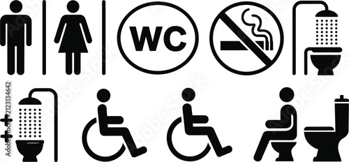 Collection of eight black and white icons for restrooms, smoking, and accessibility on white background Keywords: restroom icons